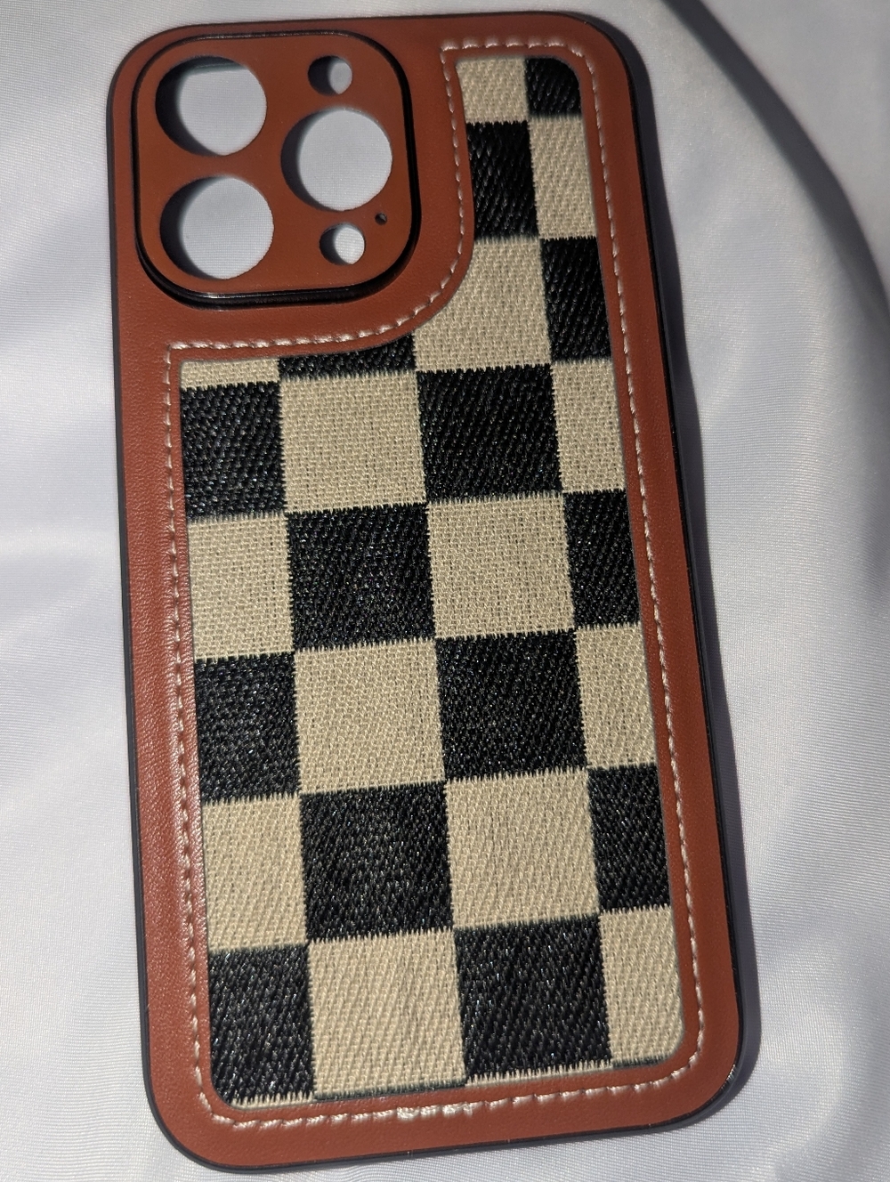 Brown Leather Trim Checkerboard iPhone 14 Pro Max Case